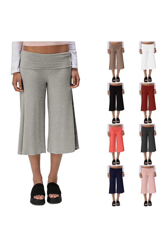 Flowy Gauchos Pants For Women Foldover Low Rise Capris Wide Leg Lounge Pants Cropped Culottes Summer Going Out Bell Bottoms Navy M