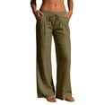thumbnail image 1 of Lumtrix Flowy Linen Pants for Women Wide Leg Low Rise Trousers with Elastic Waist Casual Pants with Pockets for Beach Travel Army Green XL, 1 of 7