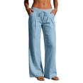 thumbnail image 1 of Lumtrix Flowy Linen Pants for Women Wide Leg Low Rise Trousers with Elastic Waist Casual Pants with Pockets for Beach Travel Sky Blue XL, 1 of 7