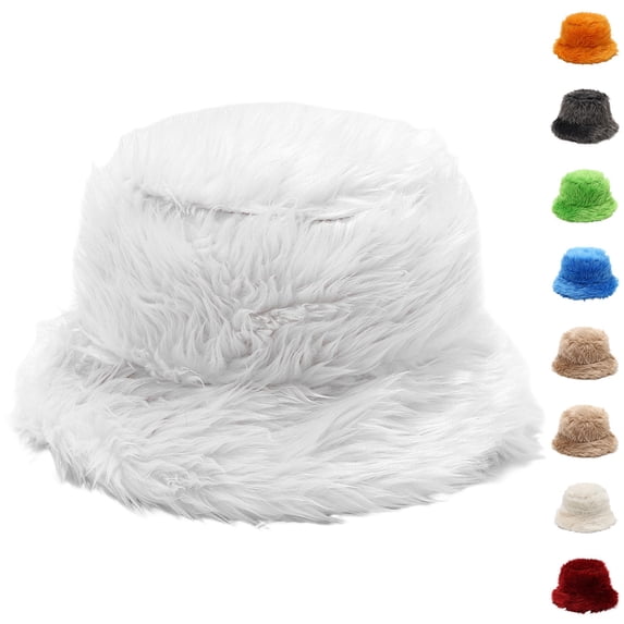 Lumtrix Fuzzy Winter Bucket Hats for Women, Men Warm Faux Fur Cap Plush Cute Trendy Y2K Solid Color Hat White One Size