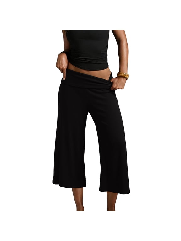 Gaucho Pants For Women Fold Over Flowy Capri Pants Wide Leg Low Rise Yoga Capris Foldover Summer Cropped Leggings Black S