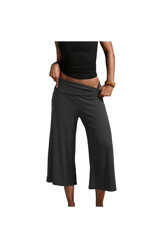 Gaucho Pants For Women Fold Over Flowy Capri Pants Wide Leg Low Rise Yoga Capris Foldover Summer Cropped Leggings Dark Gray M