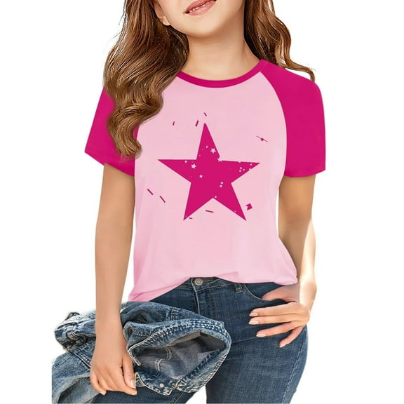 Lumtrix Girl's Star Print Short Sleeve T Shirts Crewneck Loose Fit Tops Summer Casual Blouses 2-14 Years Hot Pink 100