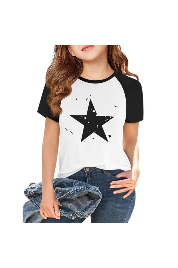 Girl's Star Print Short Sleeve T Shirts Crewneck Loose Fit Tops Summer Casual Blouses 2-14 Years White 160