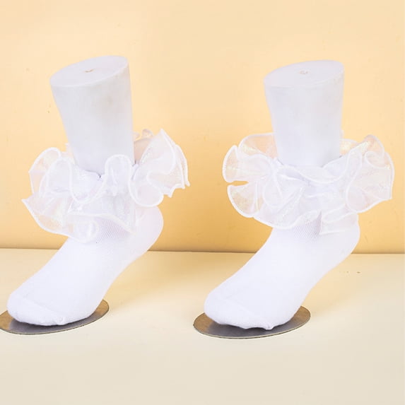 Lumtrix Girls Big Ruffle Socks Soft Cute Classic Colorful Double Lace Frilly Cotton Dress Sock For Kids Daily School Party Birthday Breathable Lightweight Comfy Gift White L