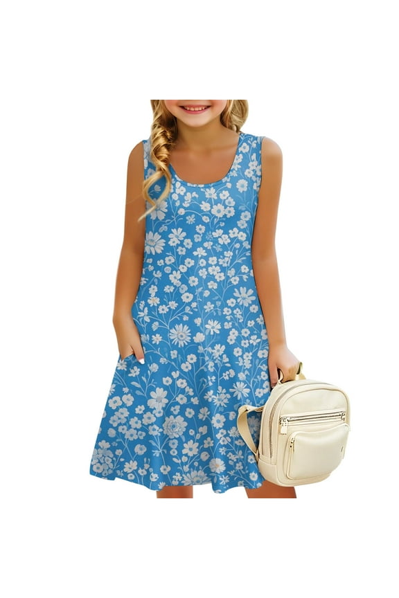Girls Boho Floral Graphic Dress Summer Sleeveless A-Line Casual Beach Sundress with Pockets for 3-14 Years Purple 160