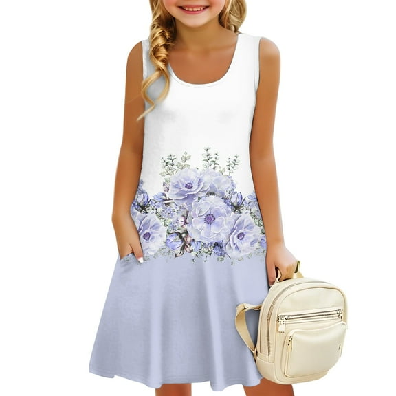 Lumtrix Girls Boho Floral Graphic Dress Summer Sleeveless A-Line Casual Beach Sundress with Pockets for 3-14 Years Wine 160