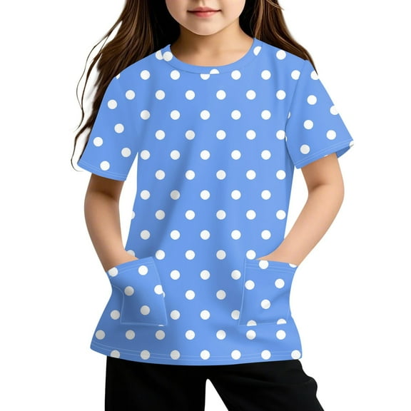 Lumtrix Girls Boho Print Shirts Summer Casual Polka Dot Short Sleeve Crewneck Tops with Pocket for 2-14 Years Blue 120