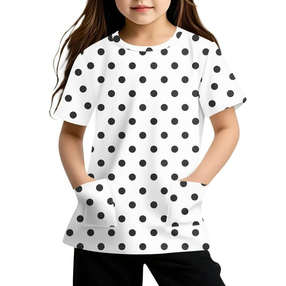 Lumtrix Girls Boho Print Shirts Summer Casual Polka Dot Short Sleeve Crewneck Tops with Pocket for 2-14 Years White 150