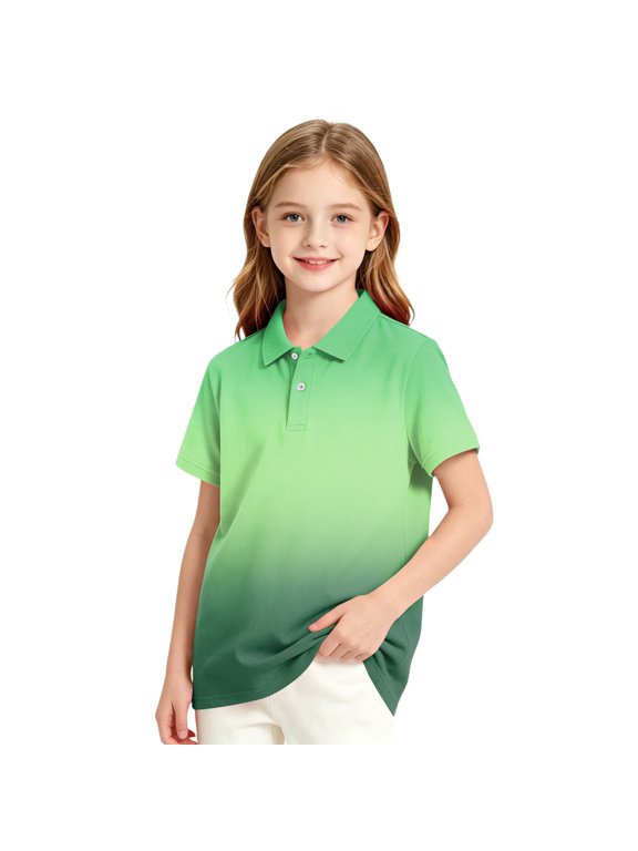 Girls Boys Uniform Polo Shirt Gradient Short Sleeve Golf Shirt with Collared Summer Casual Outdoor Wear Tops Green 120