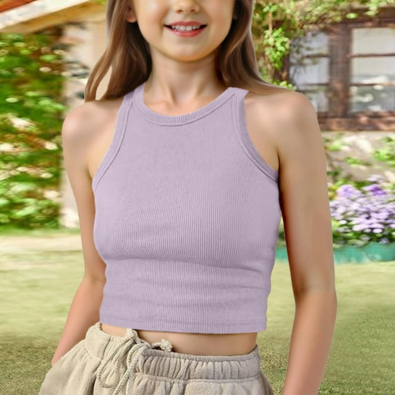 Lumtrix Girls Crew Neck Ribbed Cropped Tank Top Yoga Athletic Casual Sport Bras Fashion Sleeveless T-Shirt Light Purple 150