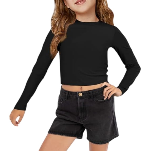 Lumtrix Girls Crop Tops Long Sleeve Shirts Crewneck Ruched Side Slim Fit Blouses Casual Tee Shirt 4-15 Years Black 160