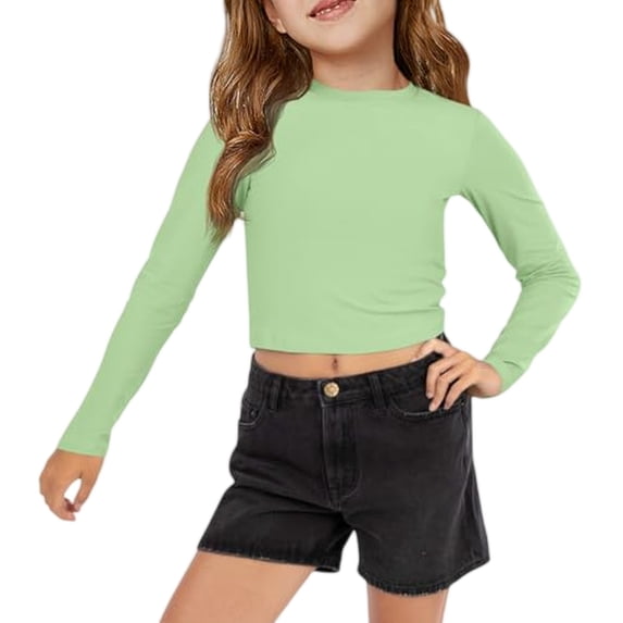 Lumtrix Girls Crop Tops Long Sleeve T Shirts Kids Crewneck Slim Fit Y2K Dressy Casual Basic Tee For 5-14 Years Light Green 120