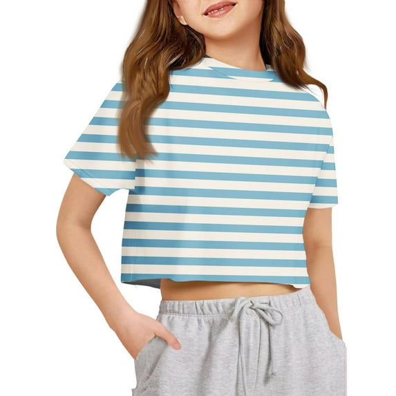 Lumtrix Girls Crop Tops Short Sleeve T-Shirts for Girl Crew Neck Striped Print Basic Tee Size 2-14 Years Light Blue 130