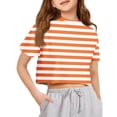 thumbnail image 1 of Lumtrix Girls Crop Tops Short Sleeve T-Shirts for Girl Crew Neck Striped Print Basic Tee Size 2-14 Years Orange 110, 1 of 5
