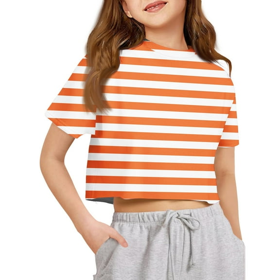 Lumtrix Girls Crop Tops Short Sleeve T-Shirts for Girl Crew Neck Striped Print Basic Tee Size 2-14 Years Orange 140