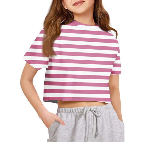 Lumtrix Girls Crop Tops Short Sleeve T-Shirts for Girl Crew Neck Striped Print Basic Tee Size 2-14 Years Pink 110