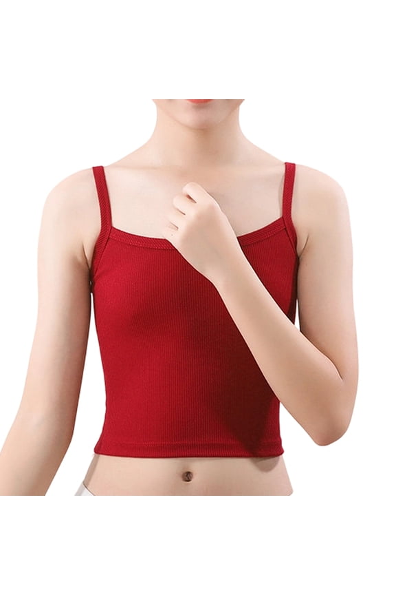 Girls Dance Sport Cami Ribbed Cropped Tank Top Casual Square Neck Solid Color Undershirt Red M