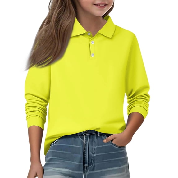 Lumtrix Girls Long Sleeve Polo Shirt Dressy Spring Summer Collared Uniform Loose Fit Solid Tops Yellow 140