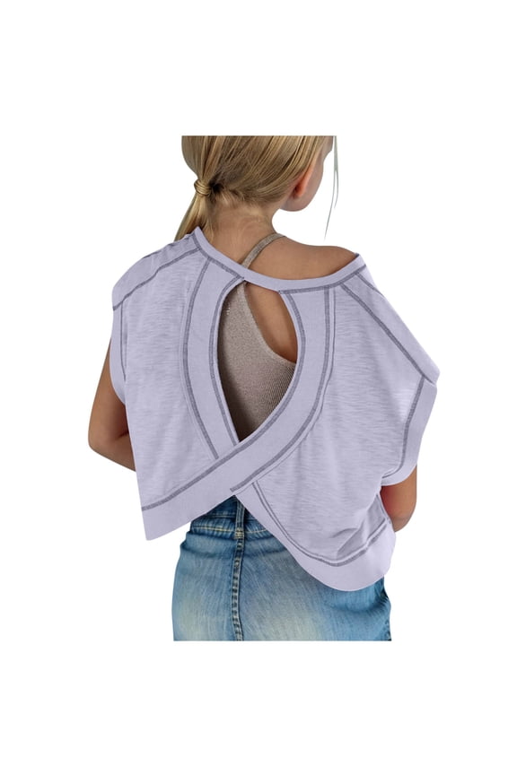 Girls Open Back Workout Tops Short Sleeve Y2K Yoga Shirts Athletic Gym Slouchy Crop Top Casual Backless Running Tees Purple 120