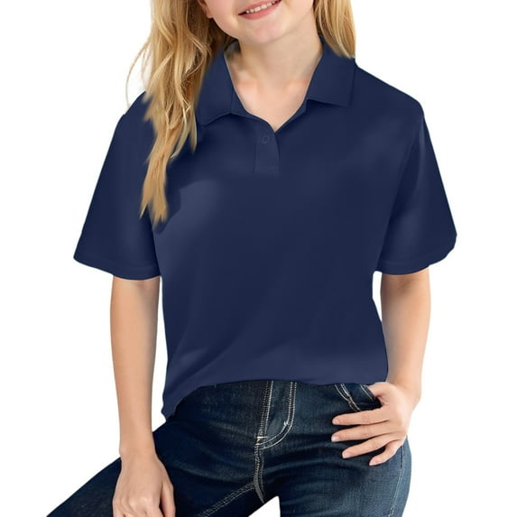 Lumtrix Girls Polo Shirts Loose Summer Uniform Short Sleeve Button Down Collared Tops Solid Casual Tees Navy 140