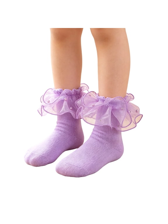Girls Ruffle Lace Socks Pearls Frilly Ruffled Socks Novelty Dress Socks Fancy School Uniform Ruffle Socks For Toddler Baby Girls Daily And Holiday Purple XL