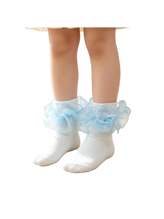 Girls Ruffle Socks 6m-12 Years, Big Ruffle Socks Princess Lace Sock Comfortable Cotton Frilly Sock For Daily Wear Light Blue S