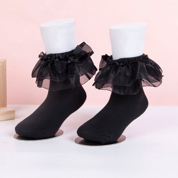 Lumtrix Girls Ruffle Socks With Bows Frilly Lace Dress Socks 0-10Y Cotton Cute Princess Socks Fit Toddler-Big Kids Back School, Daily Wear, Easter, Wedding, Party Black XS