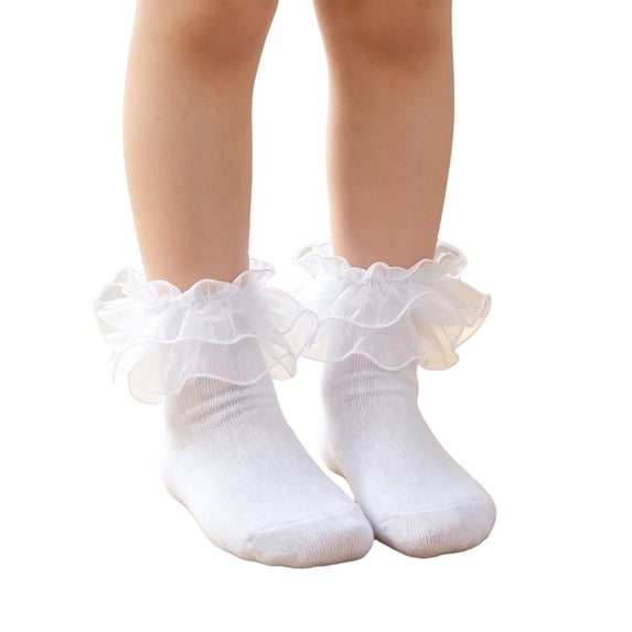Lumtrix Girls Ruffle Socks Double Lace Frilly Dress Church Socks Cute Cotton Socks for 1-10Y White S