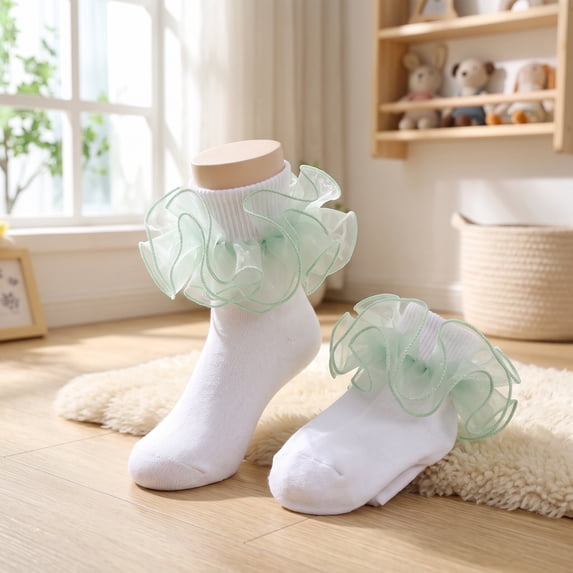 Lumtrix Girls Ruffle Socks Toddler Girl Frilly Cotton Dress Socks Double Lace Big Ruffle Cotton Ankle Socks For Kids Light Green XL