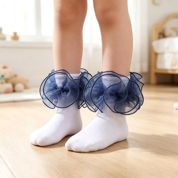 Lumtrix Girls Ruffle Socks Toddler Girl Frilly Cotton Dress Socks Double Lace Big Ruffle Cotton Ankle Socks For Kids Navy S
