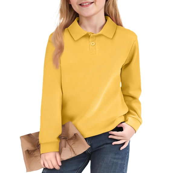 Lumtrix Girls School Uniform Long Sleeve Polo Shirt Kids Golf Button Down Loose Fit Athletic Tops Sport Tees 5-14 YearsYellow 110