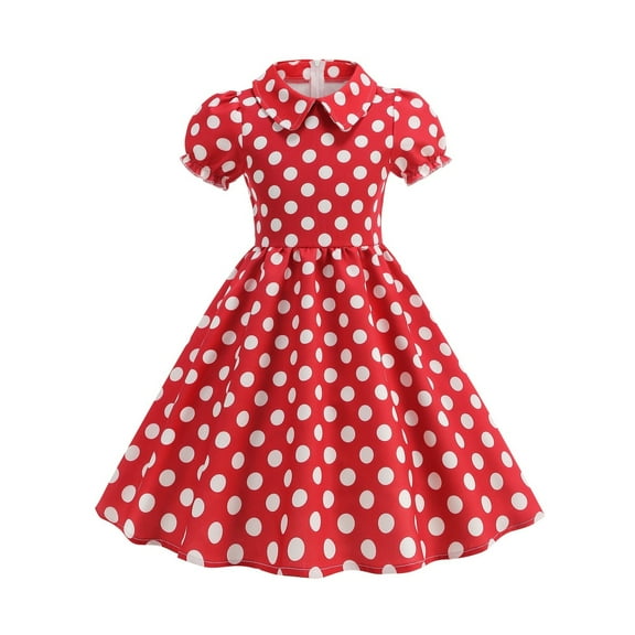 Lumtrix Girls Short Sleeve 50s Lapel Vintage Swing Dress Polka Dot Dress Casual A-Line Party Dress for 3-14 Years Red 130