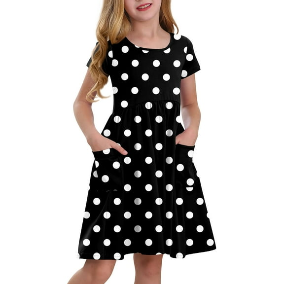 Lumtrix Girls Short Sleeve Boho Polka Dot A-Line Dress with Pockets Summer Casual Lightweight Sundress for 3-14 Years Black 100