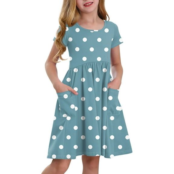 Lumtrix Girls Short Sleeve Boho Polka Dot A-Line Dress with Pockets Summer Casual Lightweight Sundress for 3-14 Years Blue 160