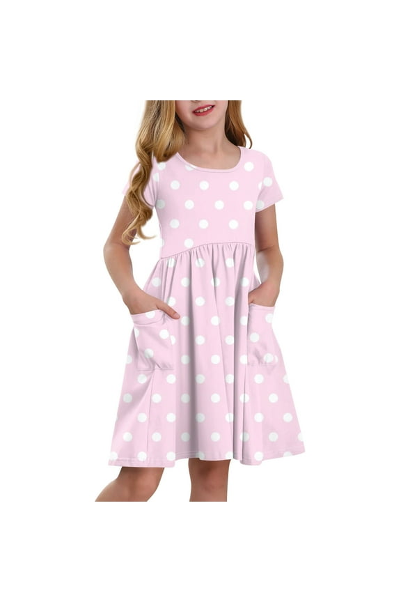 Girls Short Sleeve Boho Polka Dot A-Line Dress with Pockets Summer Casual Lightweight Sundress for 3-14 Years Pink 130
