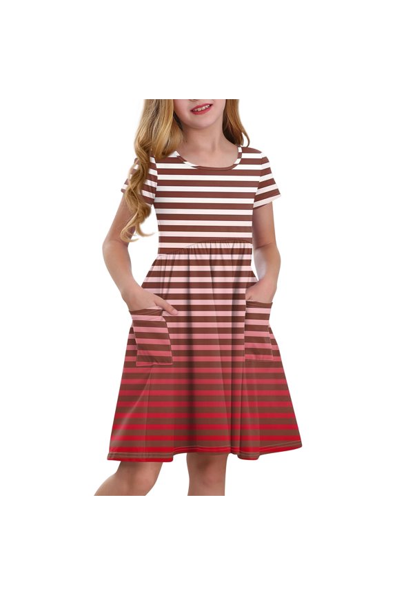Girls Short Sleeve Boho Polka Dot A-Line Dress with Pockets Summer Casual Lightweight Sundress for 3-14 Years Red 140