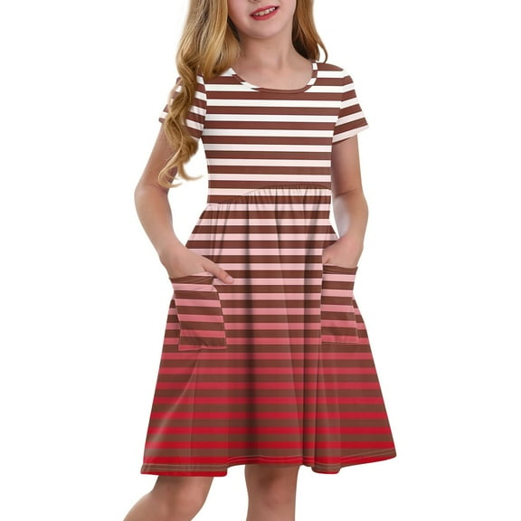 Lumtrix Girls Short Sleeve Boho Polka Dot A-Line Dress with Pockets Summer Casual Lightweight Sundress for 3-14 Years Red 150