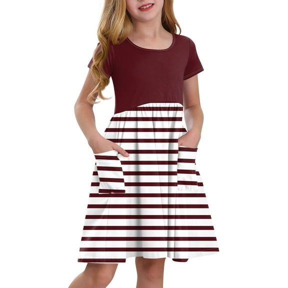 Lumtrix Girls Short Sleeve Boho Polka Dot A-Line Dress with Pockets Summer Casual Lightweight Sundress for 3-14 Years Wine 140