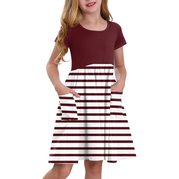 Lumtrix Girls Short Sleeve Boho Polka Dot A-Line Dress with Pockets Summer Casual Lightweight Sundress for 3-14 Years Wine 150