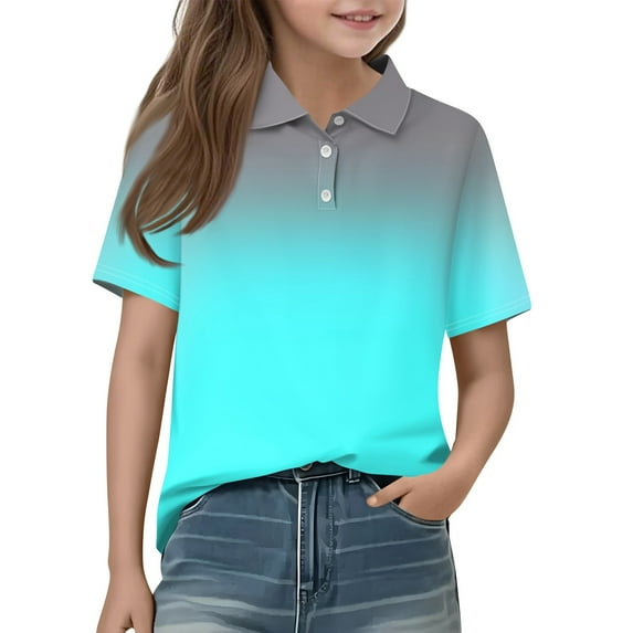 Lumtrix Girls' Short Sleeve School Uniform Polo Shirts Casual Loose Fitting Tie Dye Print Sport Tops Blouse for 2-14 Y Cyan 140