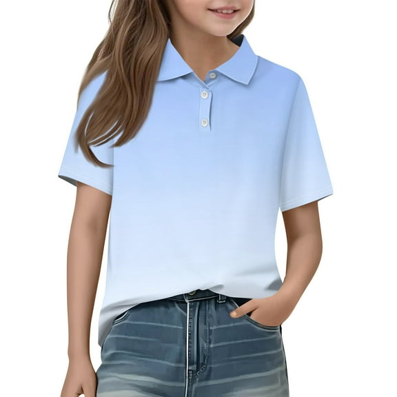 Lumtrix Girls' Short Sleeve School Uniform Polo Shirts Casual Loose Fitting Tie Dye Print Sport Tops Blouse for 2-14 Y Light Blue 110