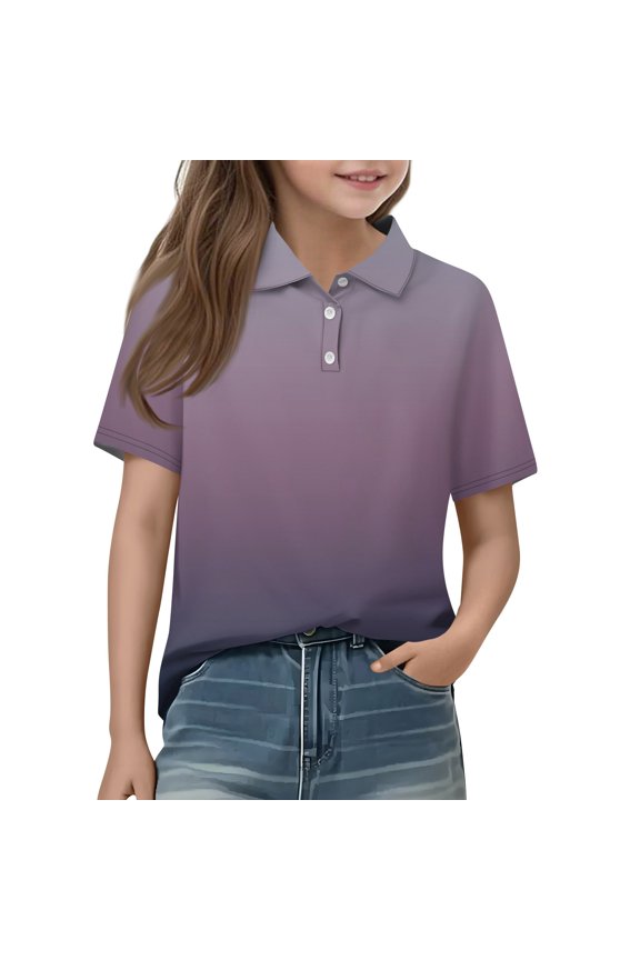Girls' Short Sleeve School Uniform Polo Shirts Casual Loose Fitting Tie Dye Print Sport Tops Blouse for 2-14 Y Light Purple 140