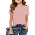thumbnail image 1 of Lumtrix Girls Short Sleeve Shirts Dressy Casual Crewneck Ribbed Knit Slim Fit Summer Tops Basic Tee 5-14 Years Pink 160, 1 of 3