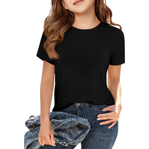 Lumtrix Girls Short Sleeve Shirts Ribbed Knit Tops Crew Neck Slim Fit Tees Summer Basic Cute Blouse 5-14 Year For Every Day Black 170