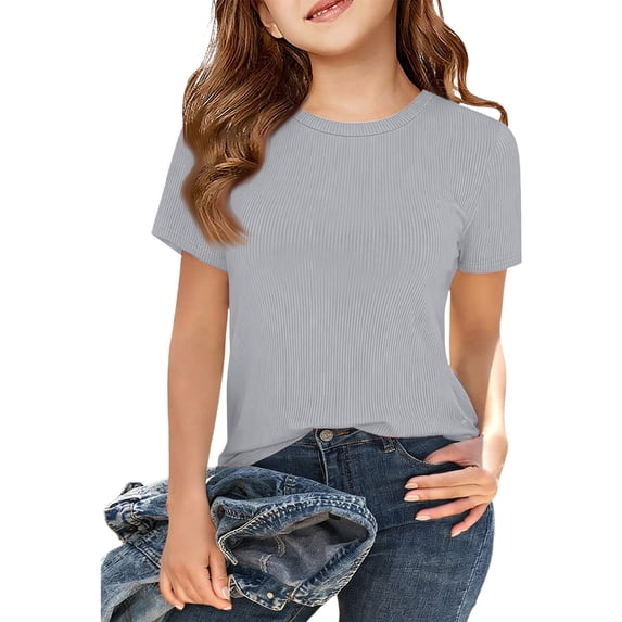 Lumtrix Girls Short Sleeve Shirts Ribbed Knit Tops Crew Neck Slim Fit Tees Summer Basic Cute Blouse 5-14 Year For Every Day Light Gray 170