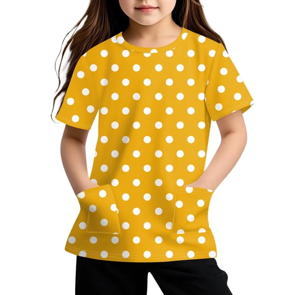 Lumtrix Girls Boho Print Shirts Summer Casual Polka Dot Short Sleeve Crewneck Tops with Pocket for 2-14 Years Yellow 130