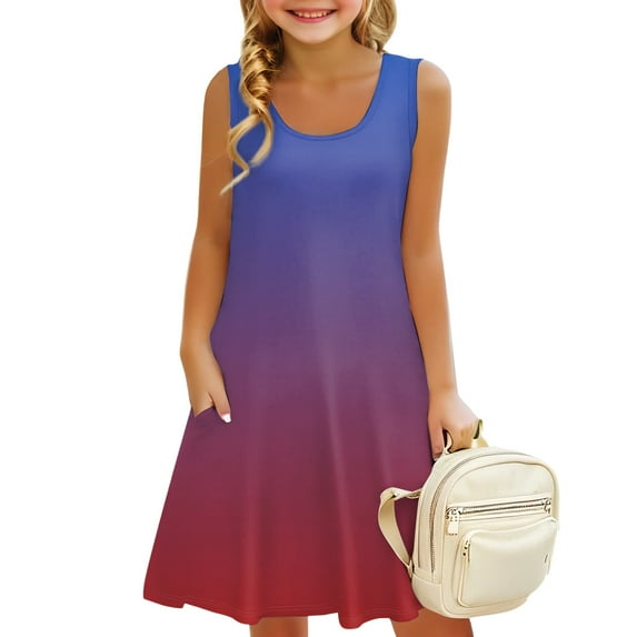 Lumtrix Girls Sleeveless Summer Dress Kids Tie Dye Casual Crewneck Loose Beach Short Dresses with Pockets 3-14 Years Hot Pink 120