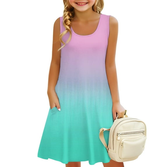 Lumtrix Girls Sleeveless Summer Dress Kids Tie Dye Casual Crewneck Loose Beach Short Dresses with Pockets 3-14 Years Pink 110