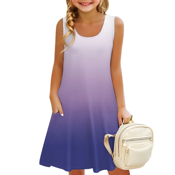 Lumtrix Girls Sleeveless Summer Dress Kids Tie Dye Casual Crewneck Loose Beach Short Dresses with Pockets 3-14 Years Vermilion 140